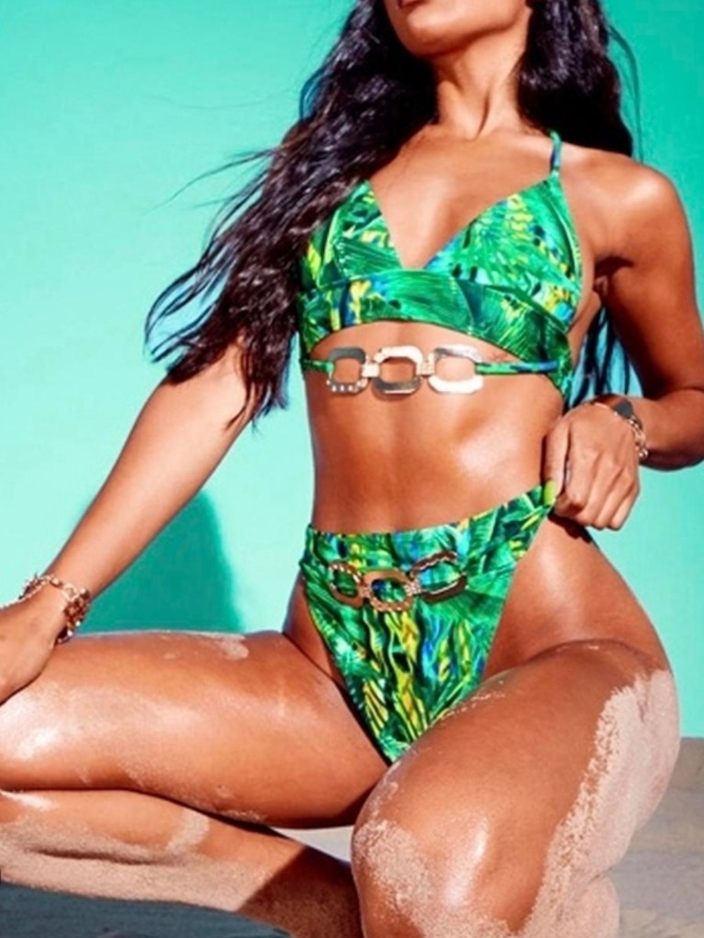 PrettyLittleThing Green Tropical Chain Halter Bralette Bikini Set UK 10 B